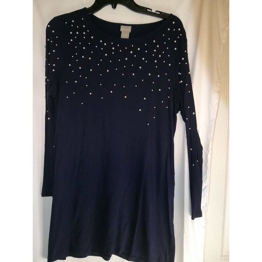 Chico's Navy Blue Long Sleeve Tunic Dress w/ Pearl Embellishments Evening Casual